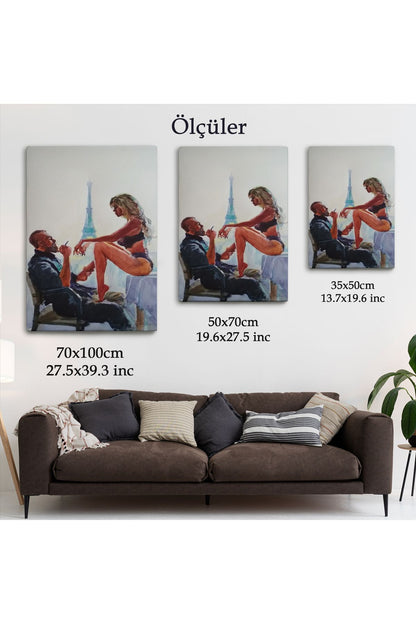 Paris Eyfel Manzaralı Sevgililer Suluboya Görünümlü Duvar Tablosu-6298