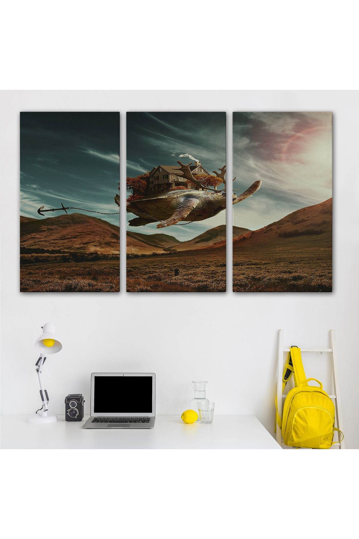 SZ KVS1-Dekoratif Duvar Tablosu-Sürreal Geyik Boynuzlu Kaplumbağa Kanvas Tablo 6560