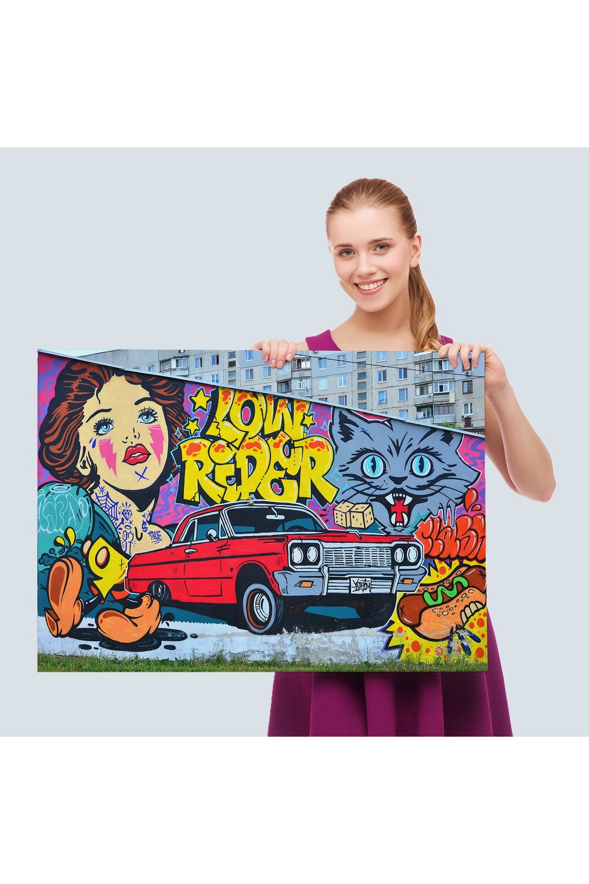 Grafiti İle Yapilmiş Retro Kırmızı Araba Kanvas Tablo-5027