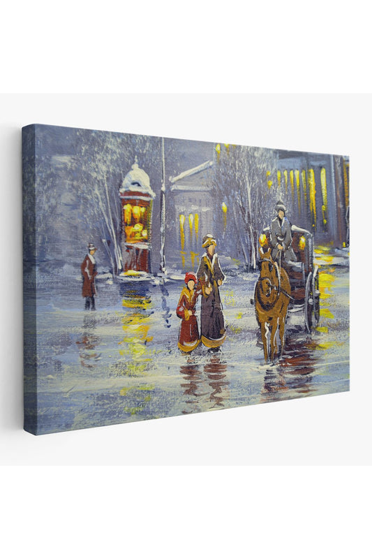 Eski Şehir ve At Arabası Yağlıboya Görünüm Dekoratif Kanvas Duvar Tablosu-3573