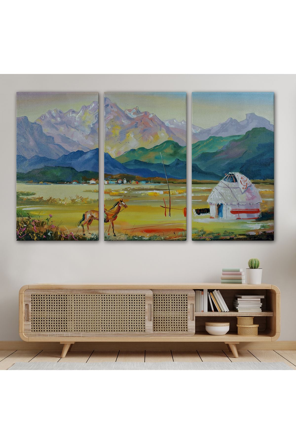 Kazakistan da Bir Göçebe Çadırı Yağlıboya Görünüm Dekoratif Kanvas Duvar Tablosu-3601