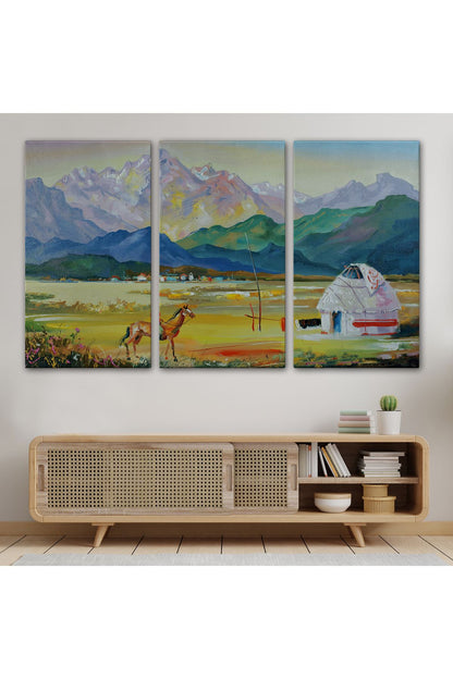 Kazakistan da Bir Göçebe Çadırı Yağlıboya Görünüm Dekoratif Kanvas Duvar Tablosu-3601