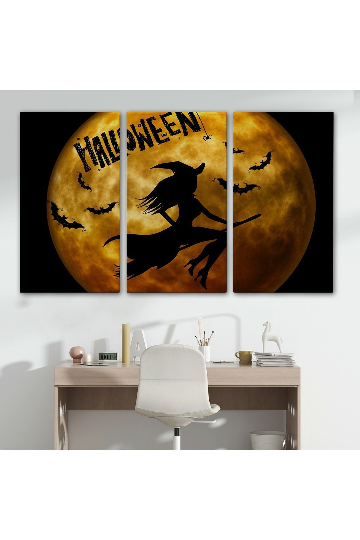 Dekoratif Kanvas Tablo, Duvar Tablosu-Cadılar Bayramı Süpürgedeki Uçan Cadı 5200