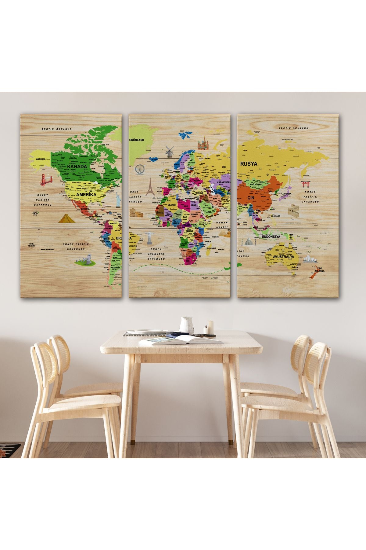 DB  Ahşap Görünümlü Türkçe Dünya Haritası Sembollü Eğitici Dekoratif Kanvas Tablo 2911
