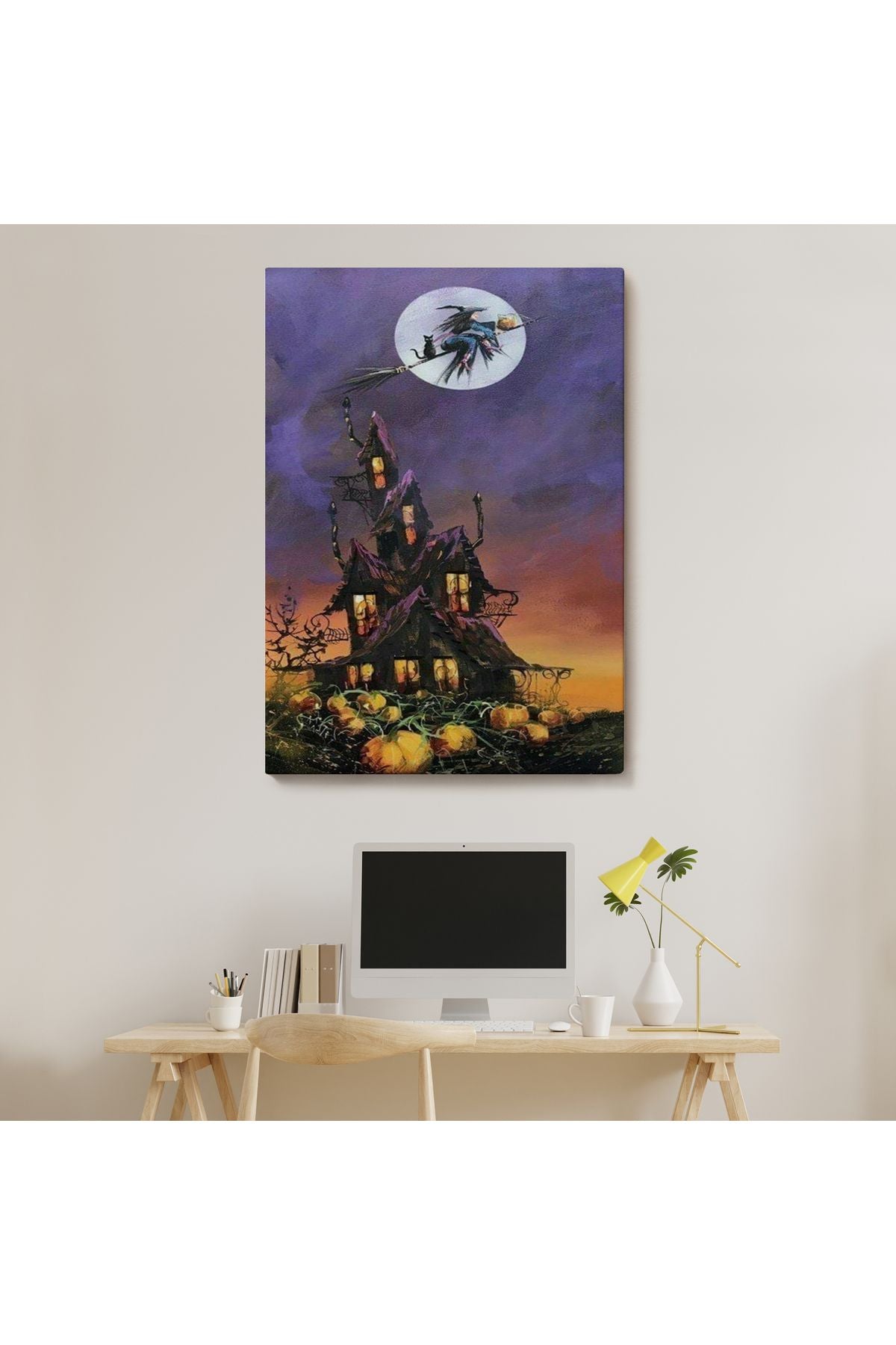 Süpürge İle Uçan Cadı ve Kedisi Cadılar Bayramı Helloven Duvar Tablosu -6078