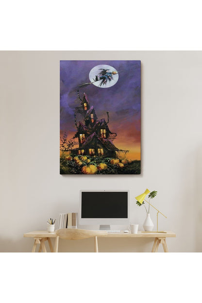 Süpürge İle Uçan Cadı ve Kedisi Cadılar Bayramı Helloven Duvar Tablosu -6078
