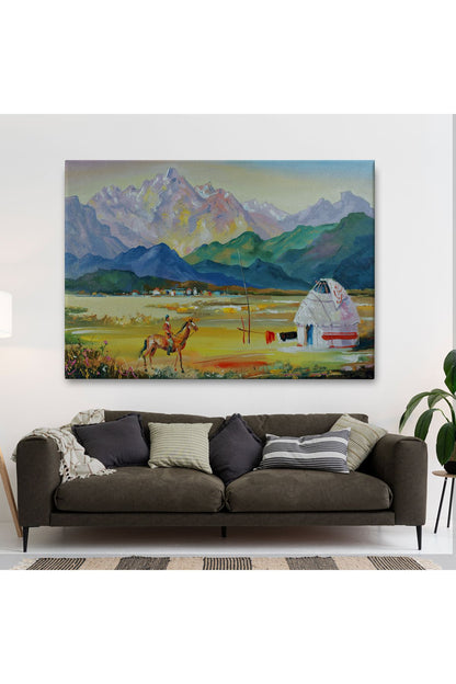 Kazakistan da Bir Göçebe Çadırı Yağlıboya Görünüm Dekoratif Kanvas Duvar Tablosu-3601