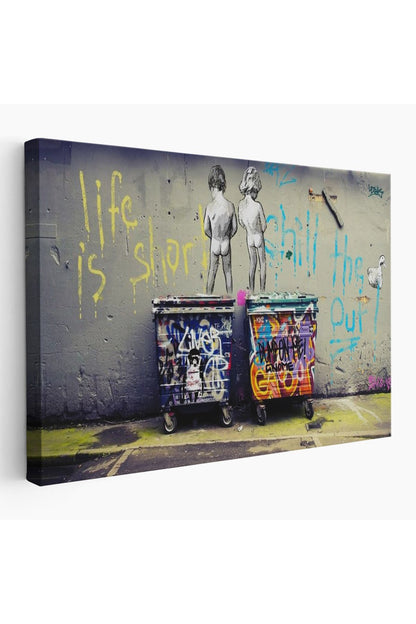 Bansky Çöp Kutusuna İşeyen Çocuklar Kanvas Tablosu / Hayat Kısa-5154