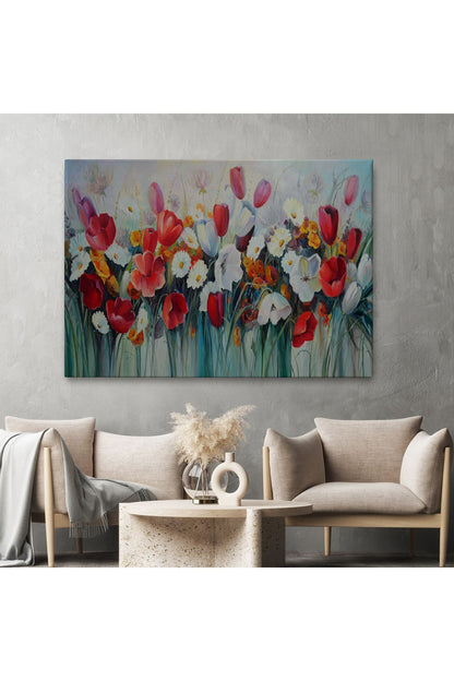 Kır Çiçekleri Yağlıboya Görünüm Dekoratif Kanvas Duvar Tablosu-3581