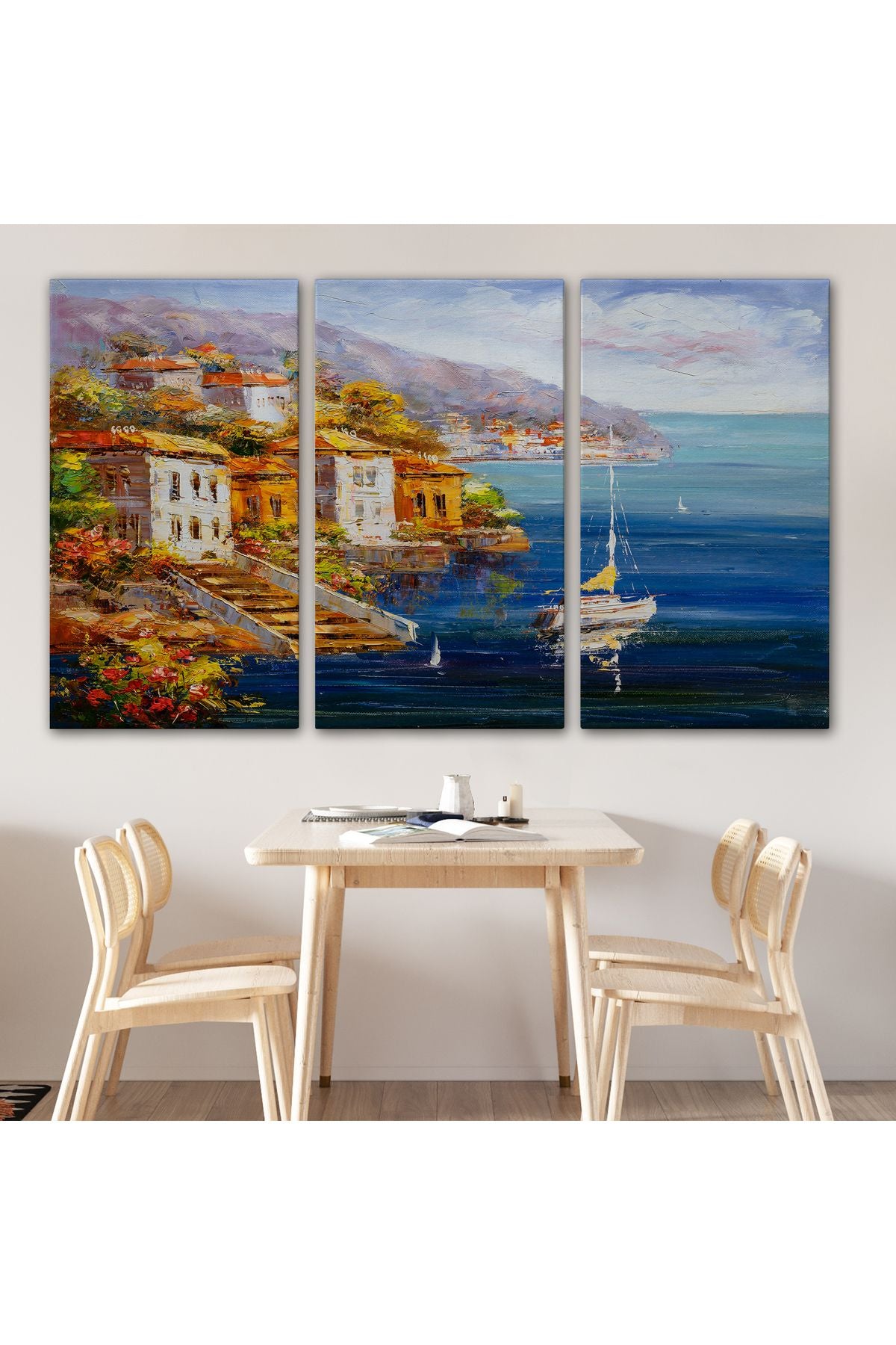 Yunanistan Harbor View Manzaralı Yağlıboya Görünüm Dekoratif Kanvas Duvar Tablosu-3532