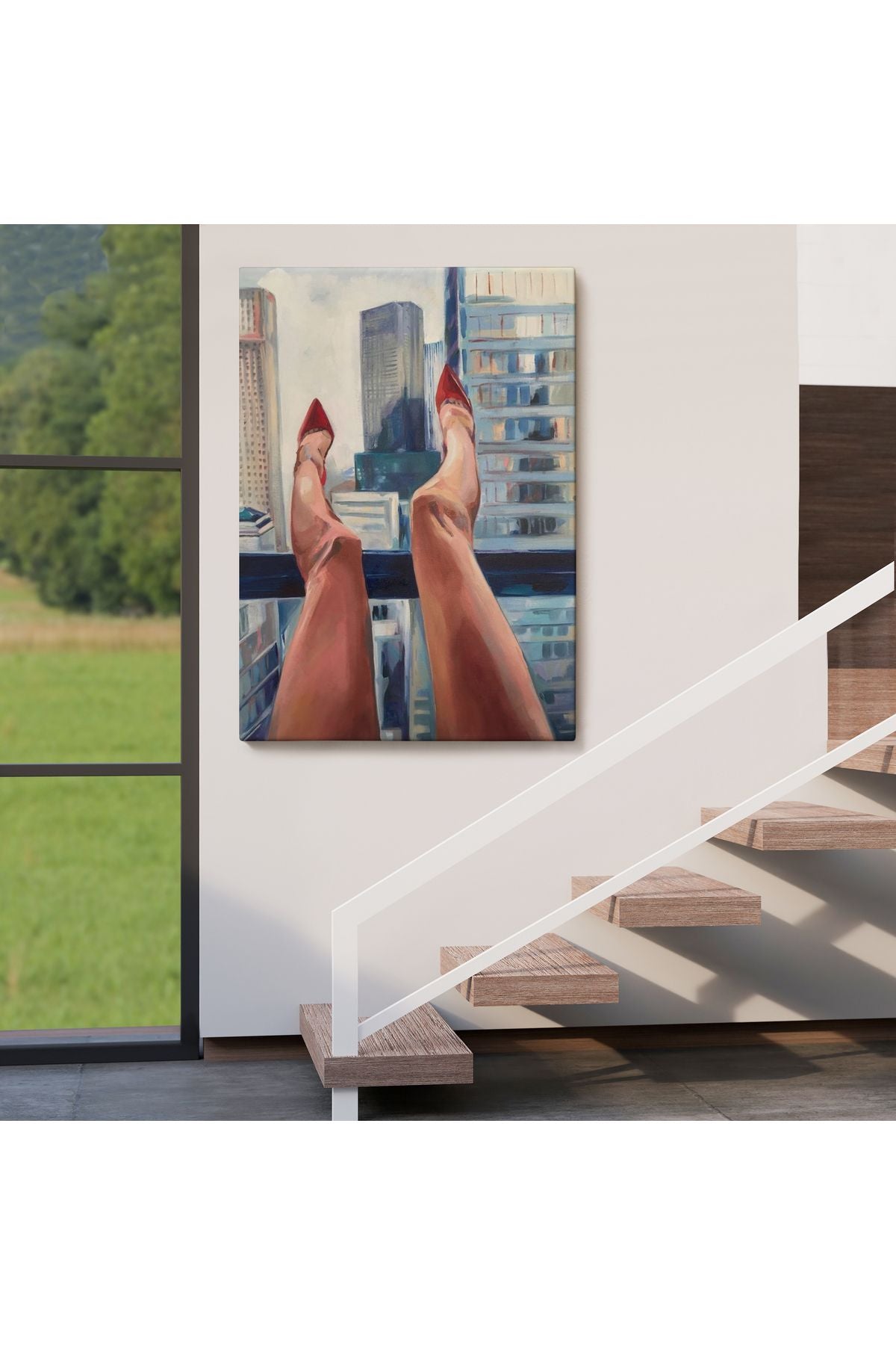 New York da Dinlenen Kırmızı Ayakkabılı Sexi Kadın Tablosu-6184