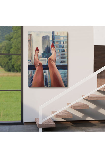 New York da Dinlenen Kırmızı Ayakkabılı Sexi Kadın Tablosu-6184