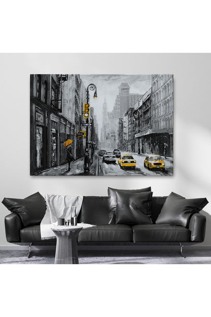 New York Sokakları Ve Sarı Taksi Yağlıboya Görünüm Kanvas Tablo-3552