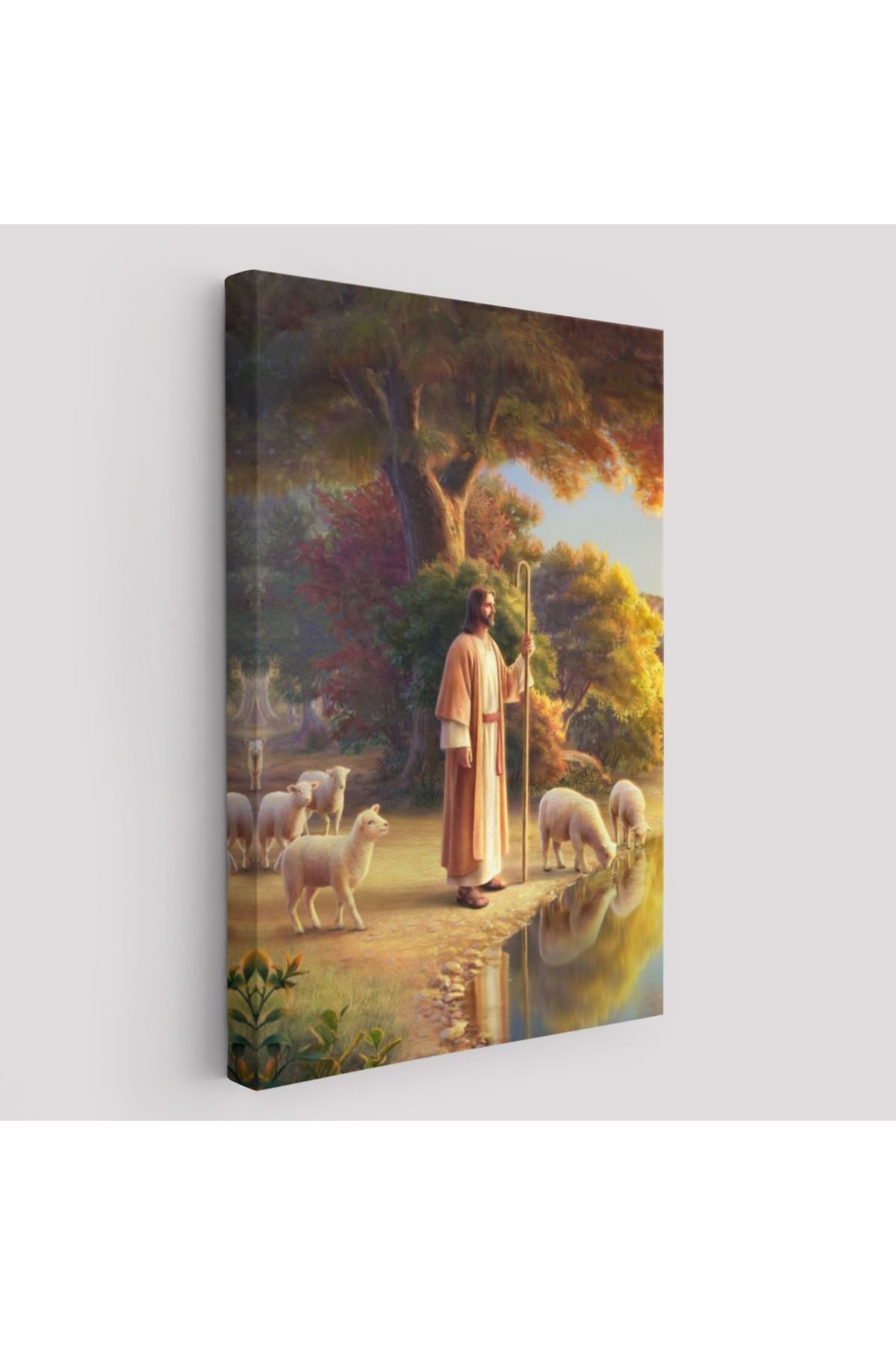 Dekoratif Kanvas Tablo-Hristiyan Duvar Sanatı, Kuzular ve Göl Kenarında İsa Mesih 5272