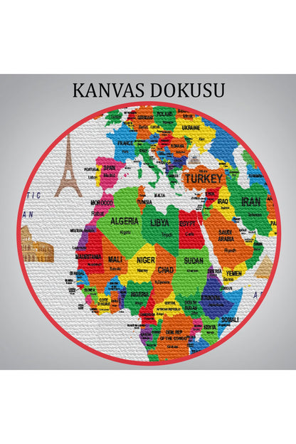 Dünya Haritası Dekoratif Kanvas Tablo Ülke ve Başkentli Öğretici ve Sembollü 2331