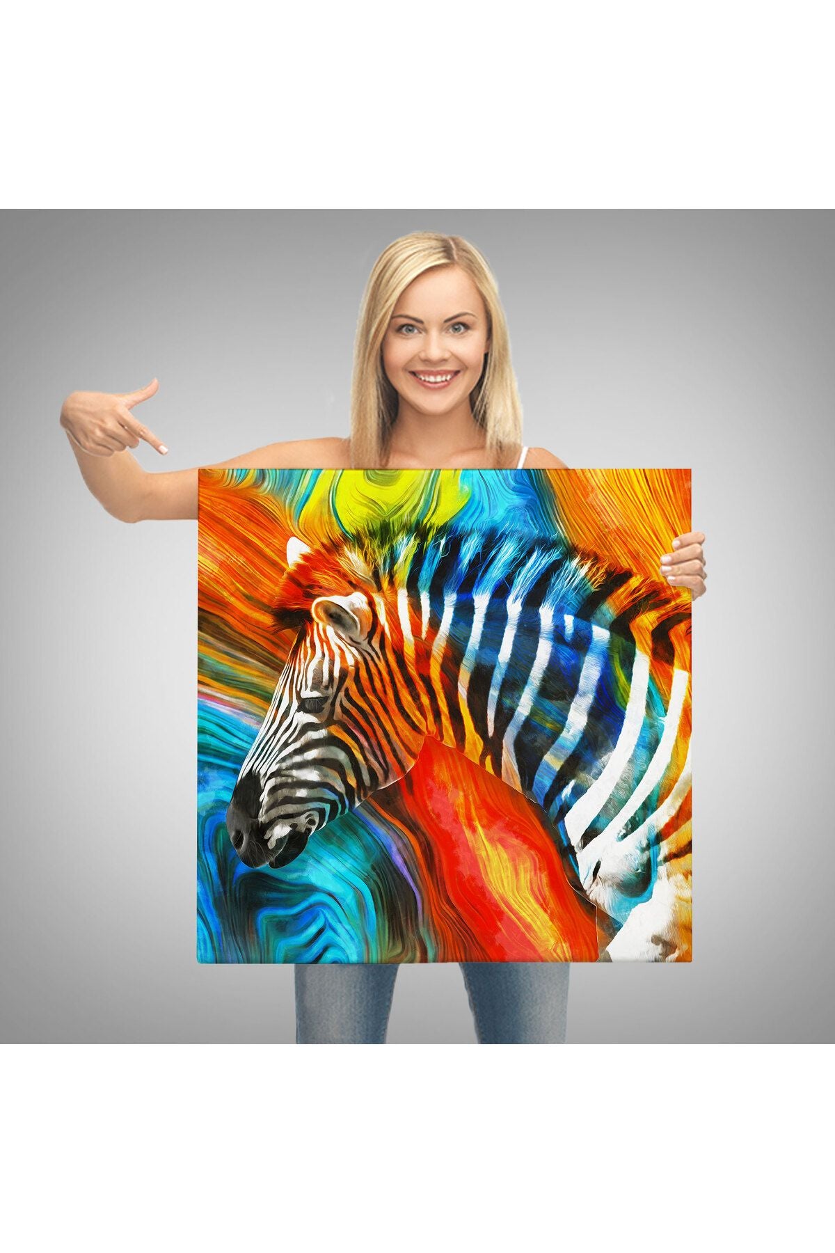 Renkli Zebra Yağlıboya Görünüm Dekoratif Kanvas Duvar Tablosu-5843