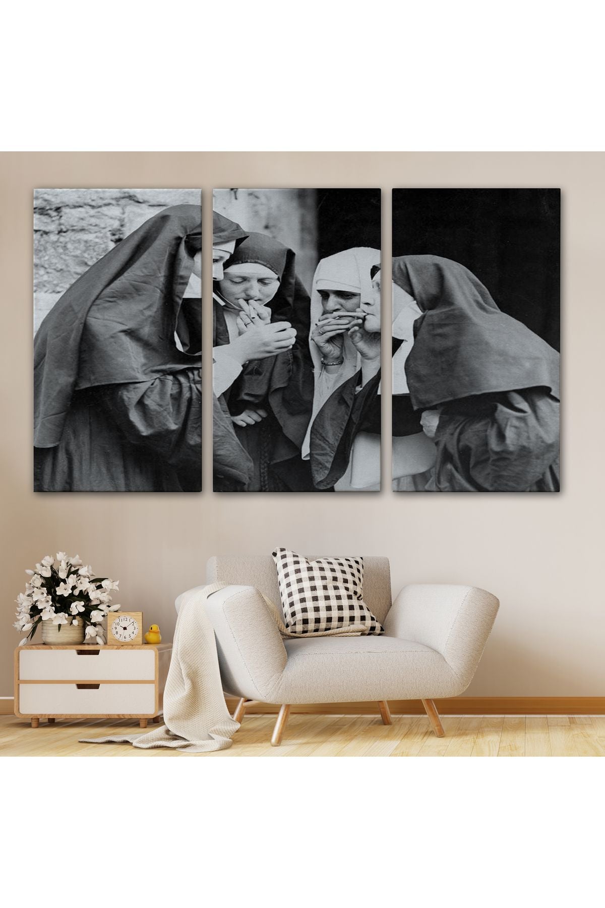 Sigara İçen Rahibeler Vintage Fotoğraf Tablo, Siyah ve Beyaz Kanvas Tablo-5376