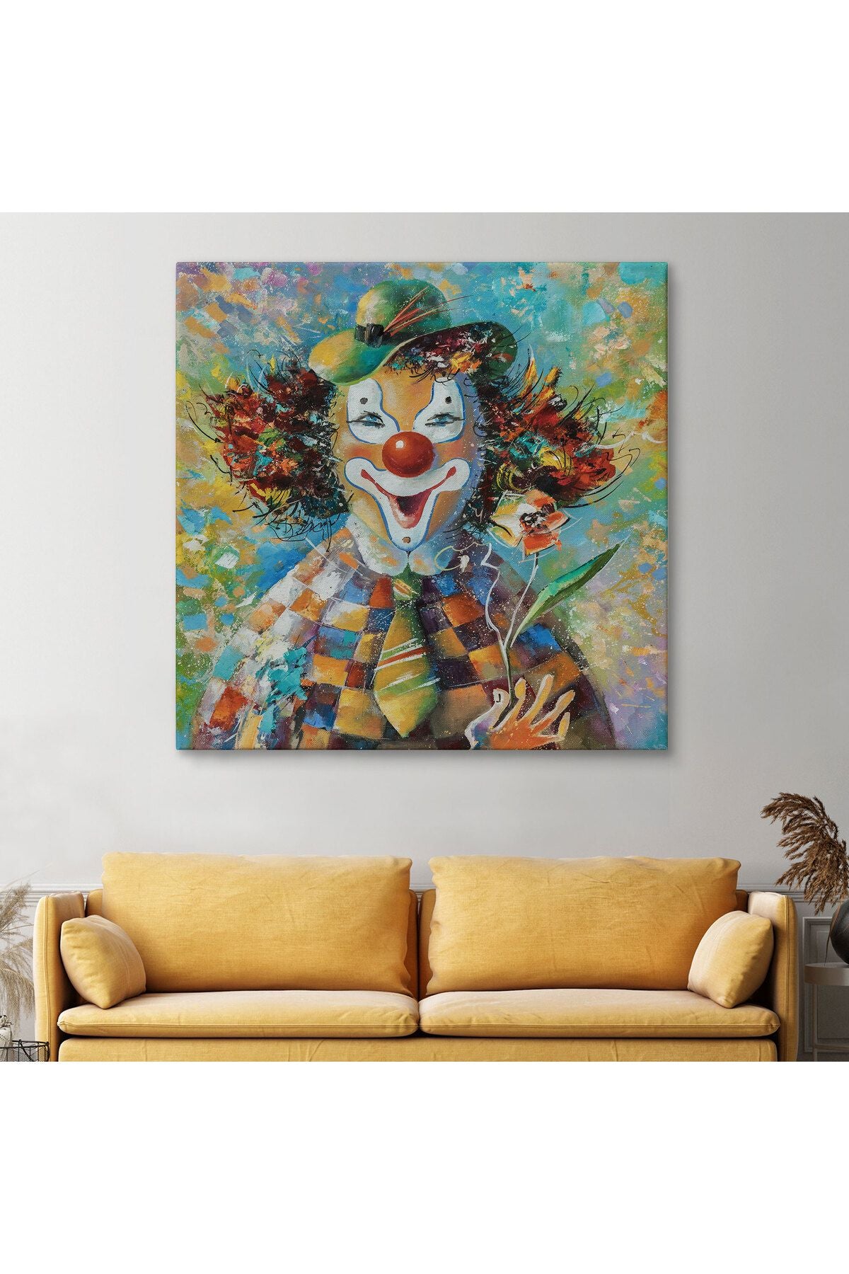 Bir Çiçekli Palyaço Yağlıboya Görünüm Dekoratif Kanvas Duvar Tablosu-5838