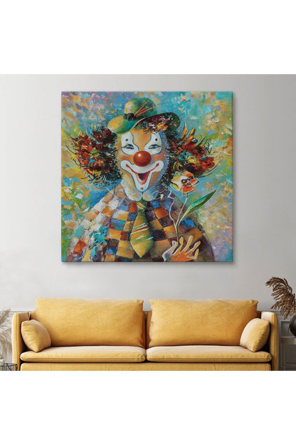 Bir Çiçekli Palyaço Yağlıboya Görünüm Dekoratif Kanvas Duvar Tablosu-5838