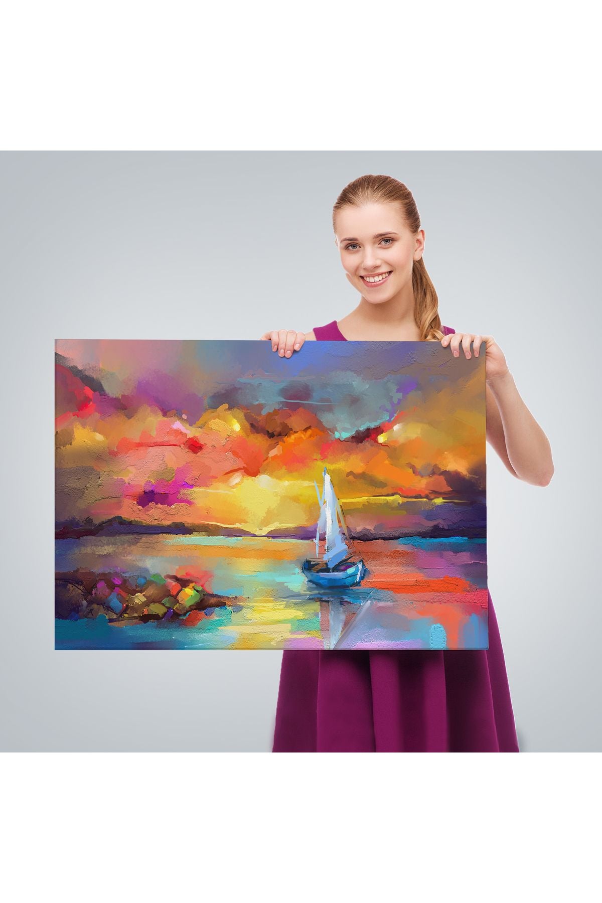 Denizdeki Yelkenli Yağlıboya Görünüm Dekoratif Kanvas Duvar Tablosu-3615