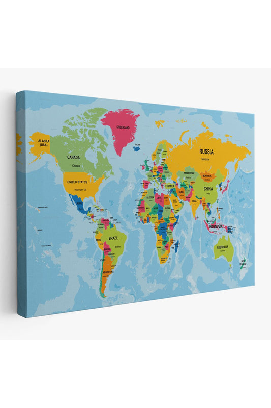 Dünya Haritası Ülke Başkentli Okyanuslu ve Dekoratif Kanvas Tablo 2243