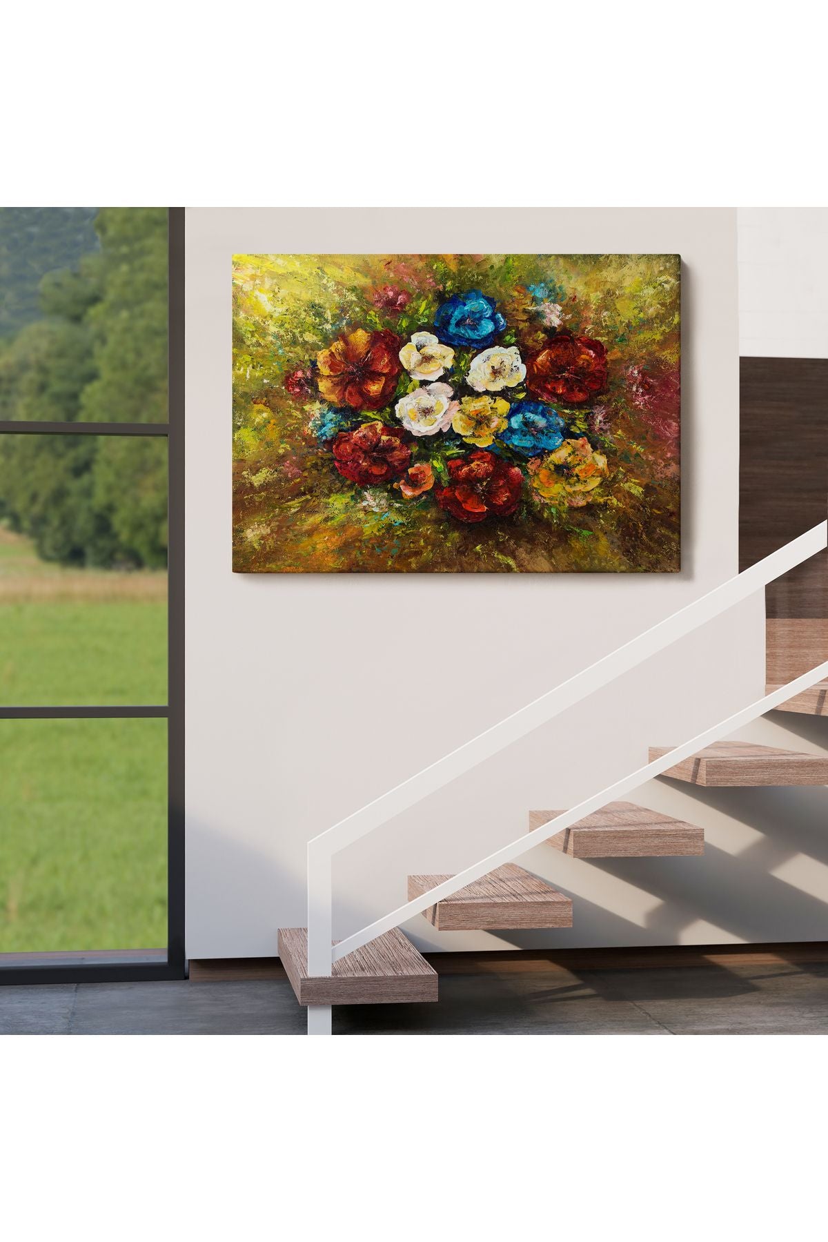 Çiçek Buketi Yağlıboya Görünüm Dekoratif Kanvas Duvar Tablosu-3515