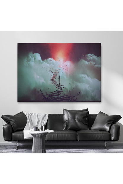 Gökyüzüne Giden Kırık Merdivenlerde Duran Genç Kadın Kanvas Tablosu-5029