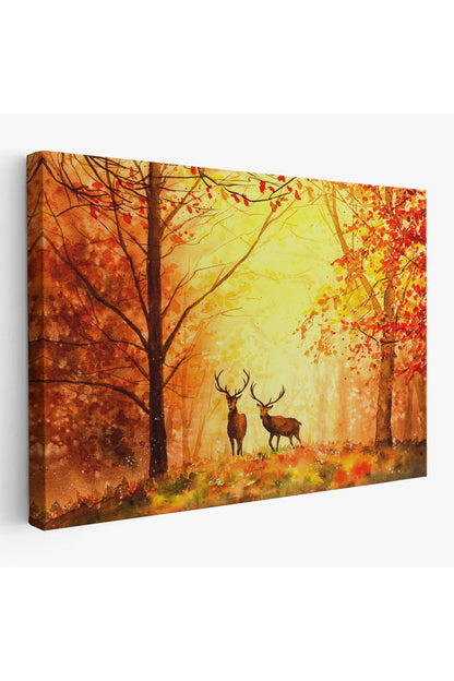 YB HG Sonbahar Ve Ormandaki Geyikler Yağlıboya Görünüm Dekoratif Tablo-3643