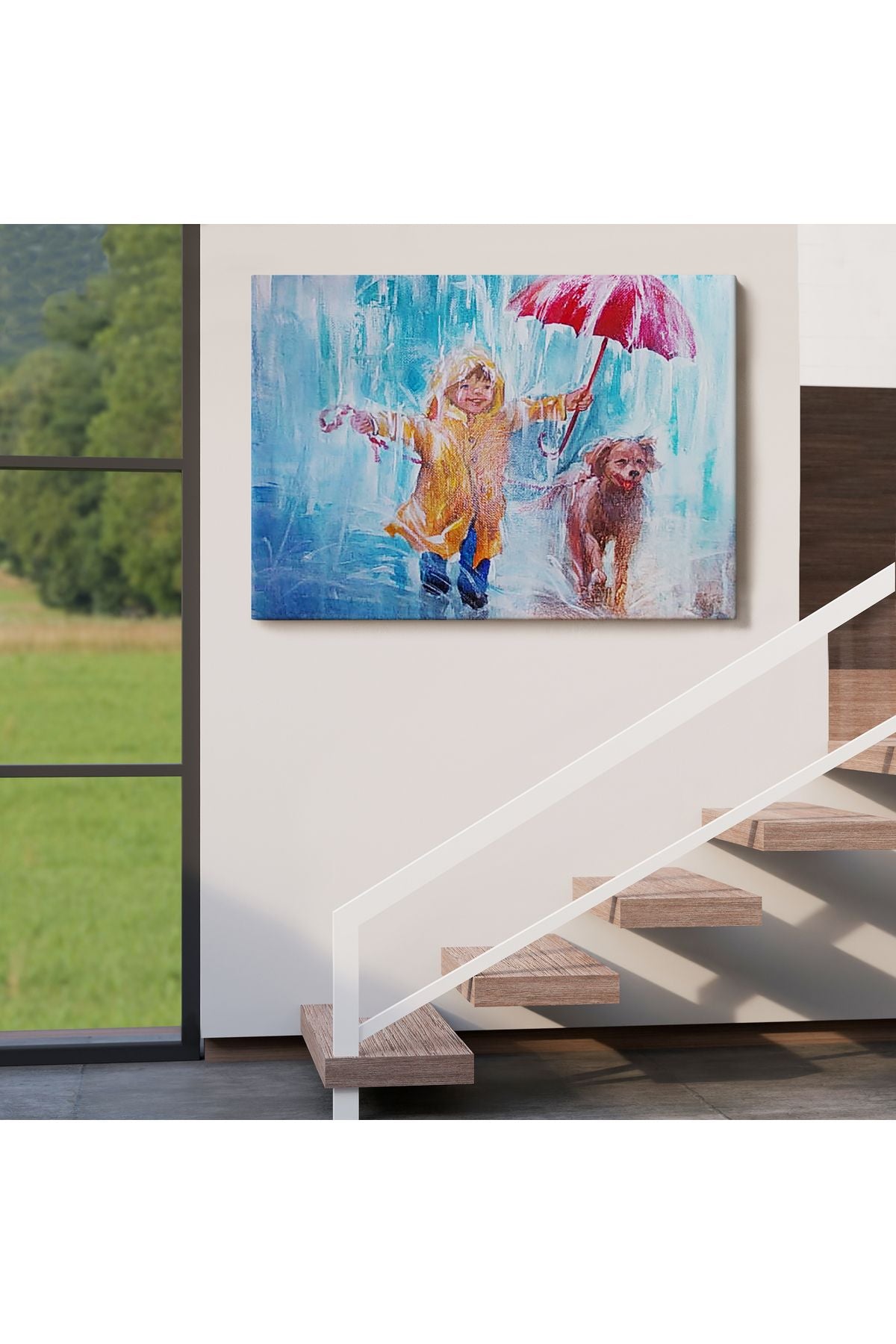 Yağmurda Köpeğini Gezdiren Cocuk Yağlıboya Görünümlü Kanvas Tablo-3454
