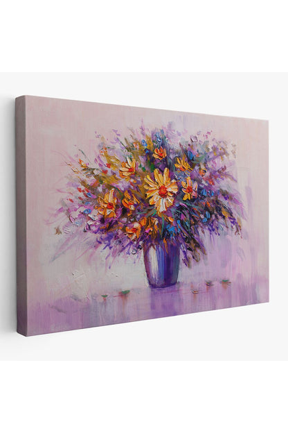 Yağlıboya Görünümlü Vazo İçerisindeki Renkli Çiçekler Duvar Tablosu-3635