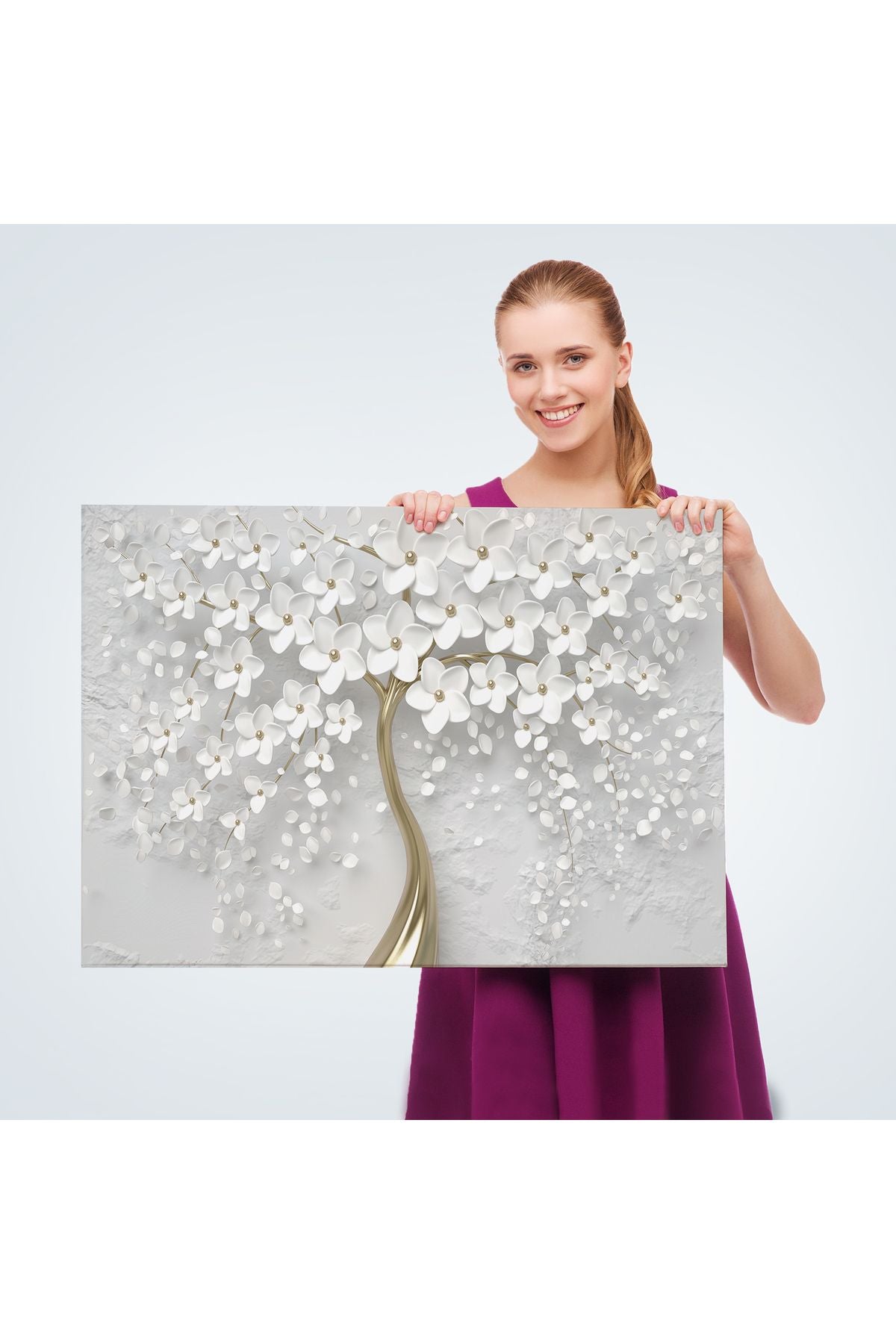 Beyaz Gelincik Ağacı Dekoratif Kanvas Duvar Tablosu-3645