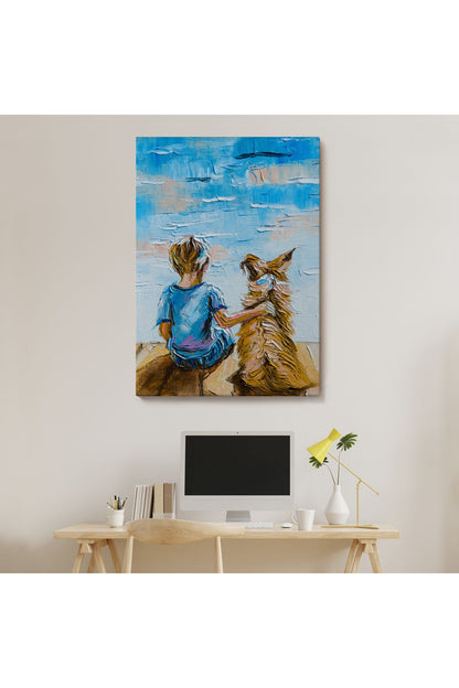 Göl Kenarında Oturan Çocuk ve Köpeği Duvar Tablo-5984
