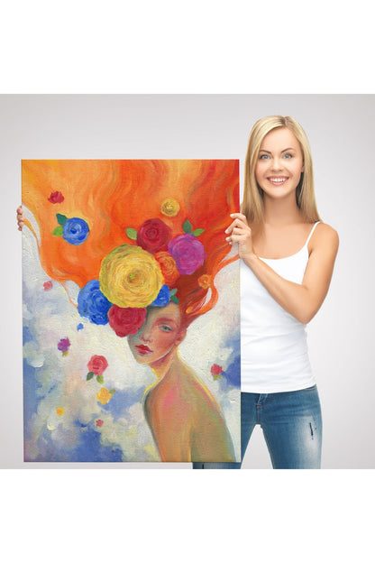 YB Çiçek Saçlı Kadın Yağlıboya Görünüm Dekoratif Kanvas Duvar Tablosu-5942