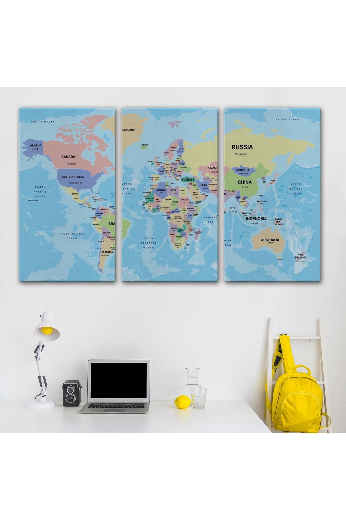 Dekoratif Duvar Tablosu-Ülke Başkentli Okyanuslu İngilizce Dünya Haritası Kanvas Tablo 2233