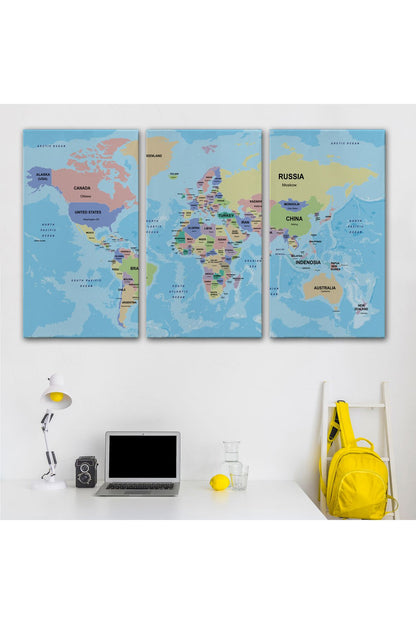 Dekoratif Duvar Tablosu-Ülke Başkentli Okyanuslu İngilizce Dünya Haritası Kanvas Tablo 2233