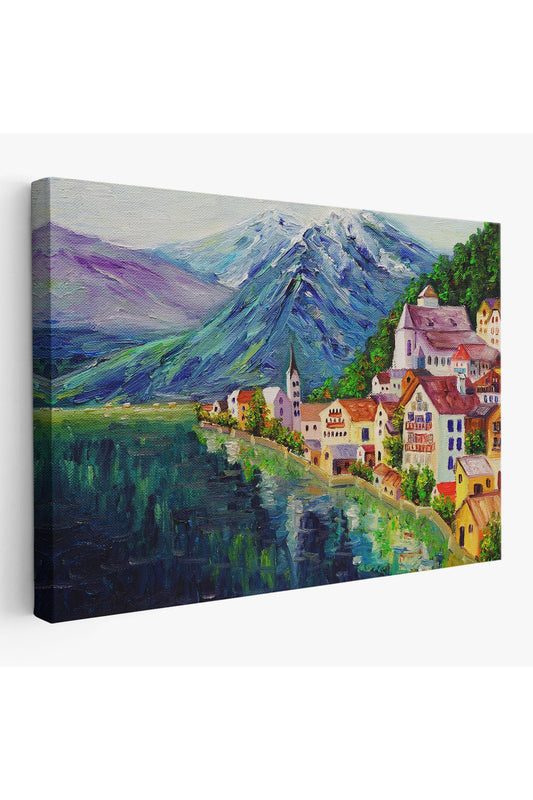 Avusturya Hallstatt Yağlıboya Görünüm Dekoratif Kanvas Duvar Tablosu-3438