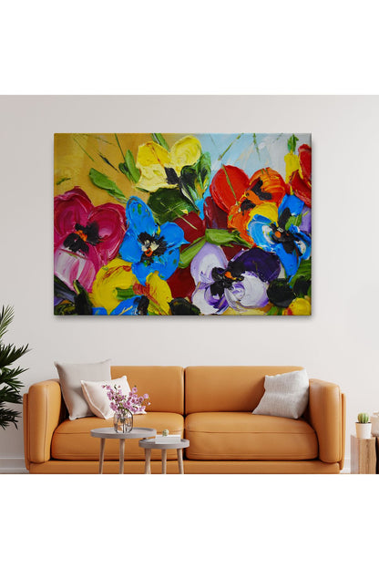 Renkli Çiçekler Yağlıboya Görünüm Dekoratif Kanvas Duvar Tablosu-3666