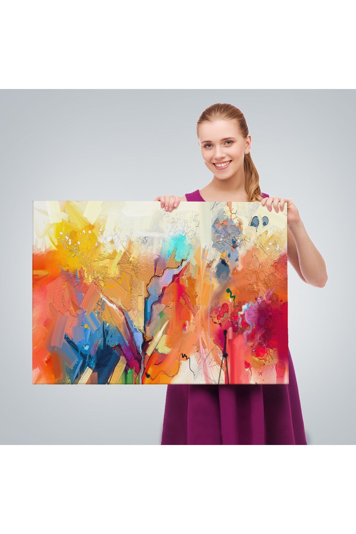 Fırça Darbeli Soyut Yağlıboya Görünüm Dekoratif Kanvas Duvar Tablosu-3582