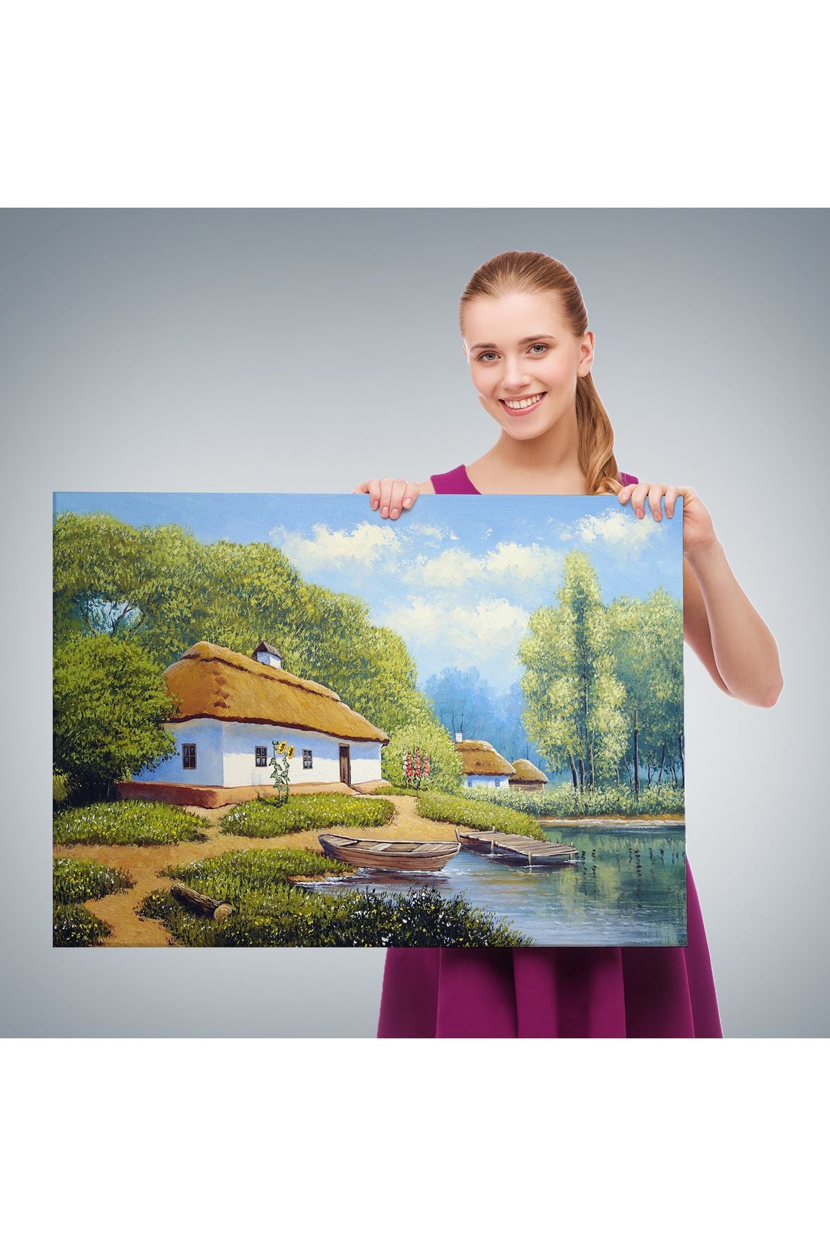 Ukrayna Köy Evi Manzarası Yağlıboya Görünüm Dekoratif Kanvas Duvar Tablosu-3663