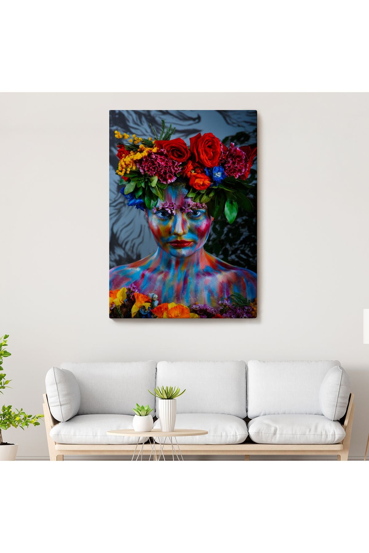 Renkli Çiçek Taçlı Kız Kanvas Tablo-5989