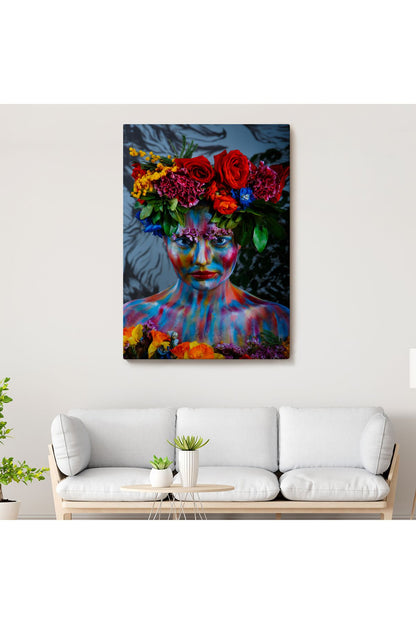 Renkli Çiçek Taçlı Kız Kanvas Tablo-5989