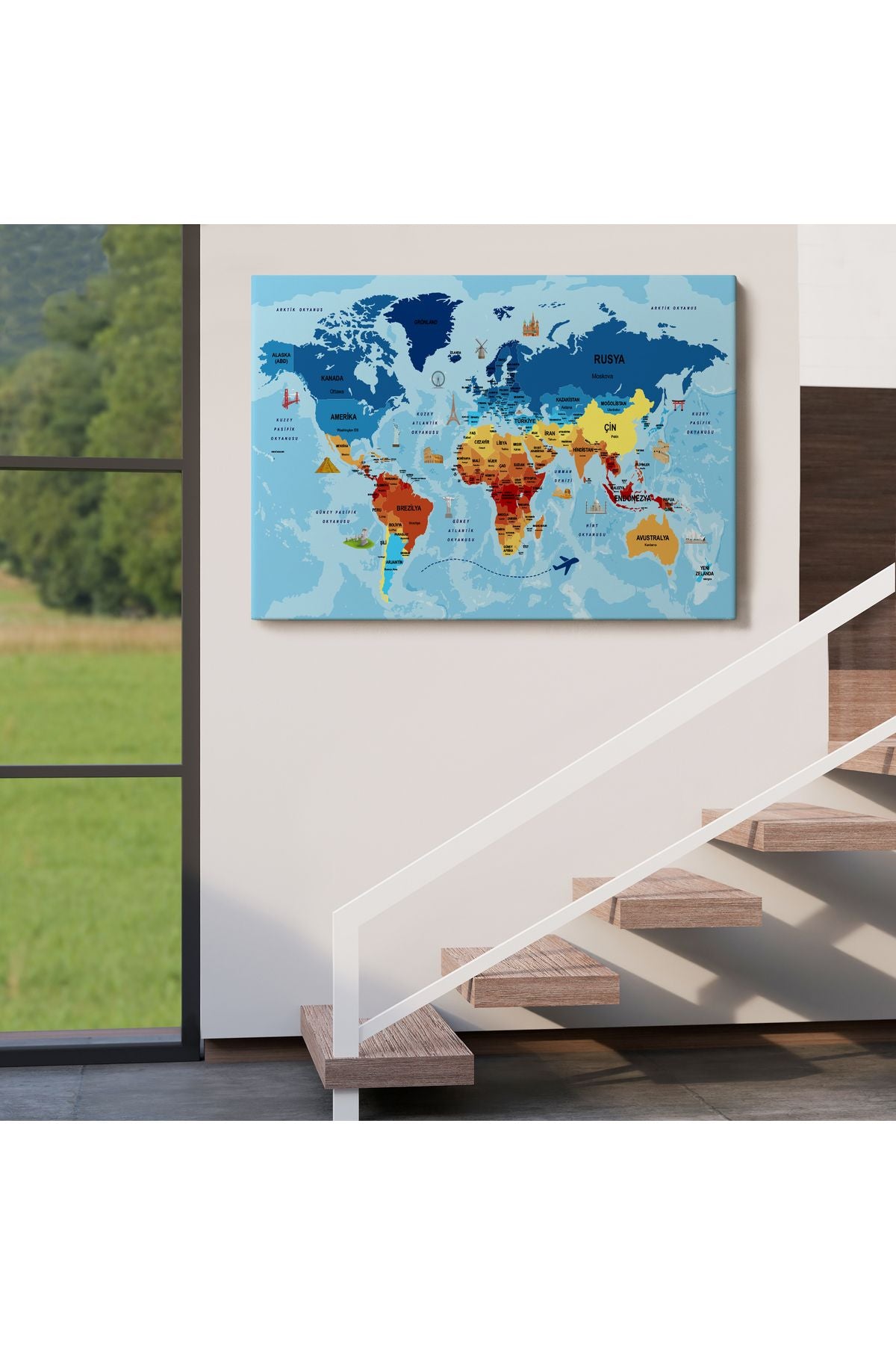 Türkçe Dünya Haritası Sembollü ve Okyanuslu Dekoratif Kanvas Tablo 2422
