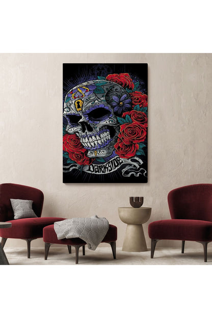 Renkli Çiçeklerle Kafatası Posteri, Şeker Kafatası Sanatsal Kanvas Tablo-5256