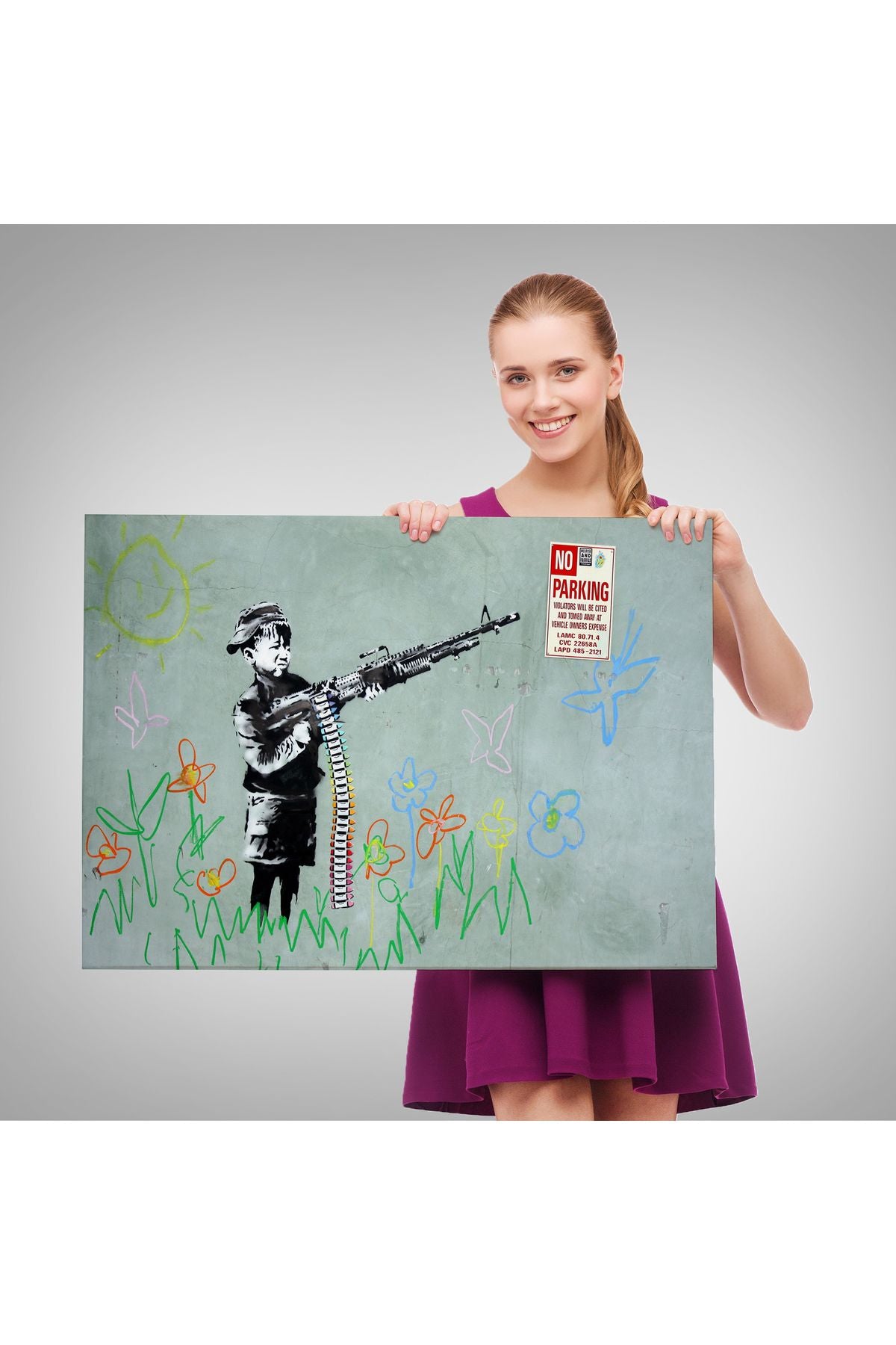 Bansky'nin Makineli Tüfekli Çocuk İsimli Eseri Kanvas Tablo, No Parking-5008