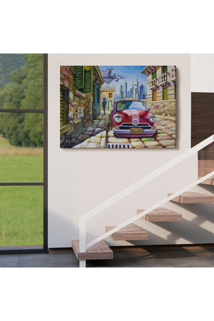 Dekoratif Kanvas Tablo, Duvar Tablosu-Yağlıboya Görünüm Eski Kırmızı Araba 3433