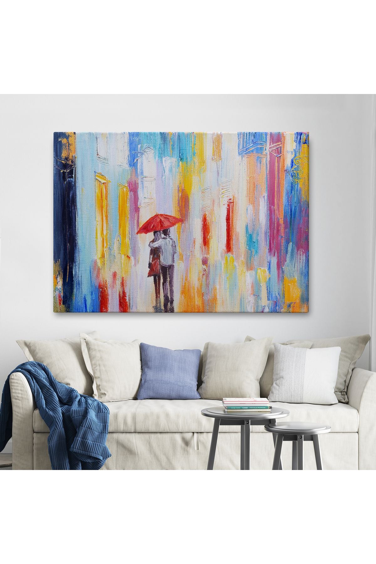 Kırmızı Şemsiyeli Sevgililer Yağlıboya Görünüm Kanvas Duvar Tablosu-3452