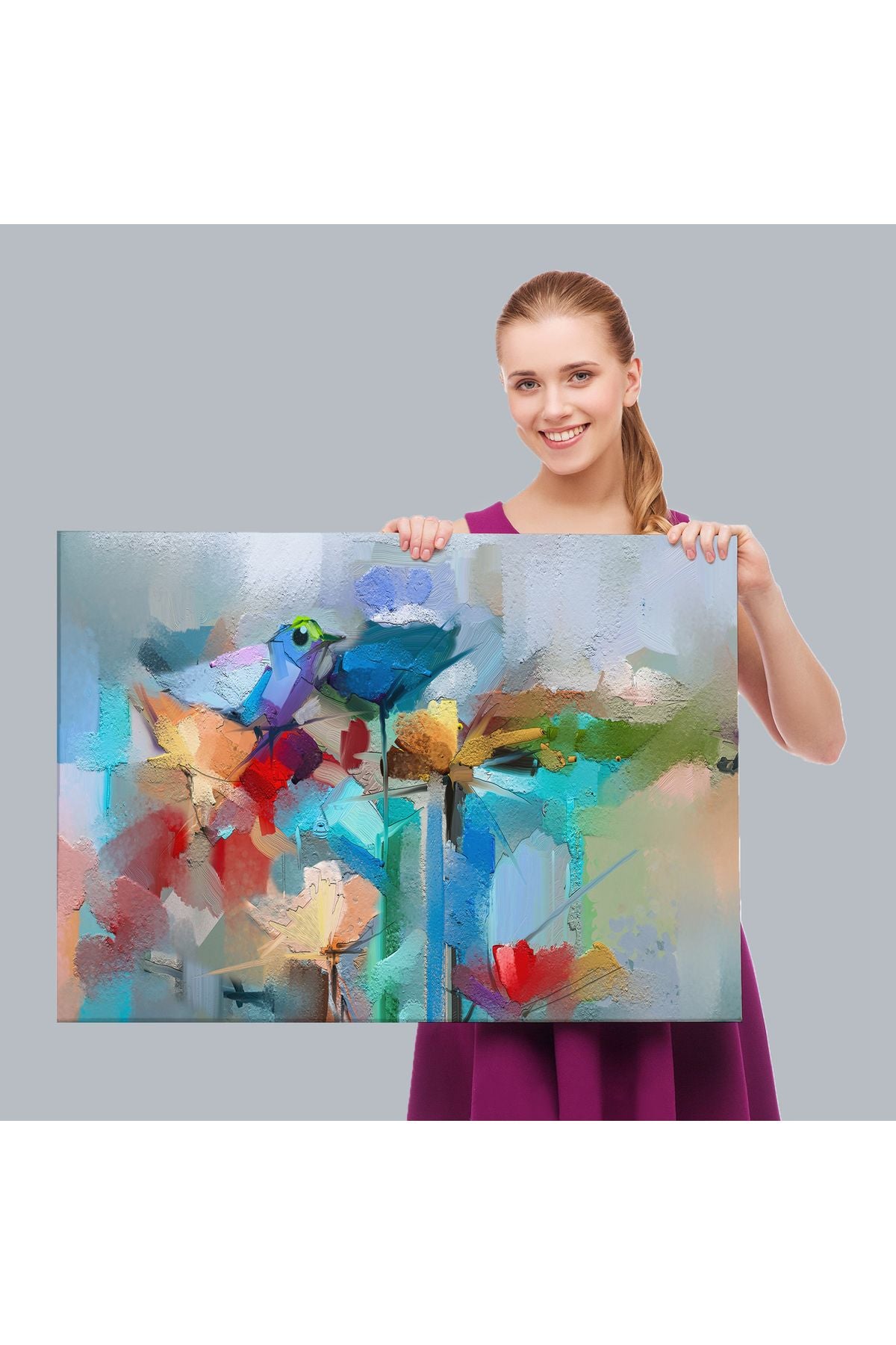 Modern Soyut Tarzda Çiçekler ve Kuş Dekoratif Kanvas Duvar Tablosu-3701