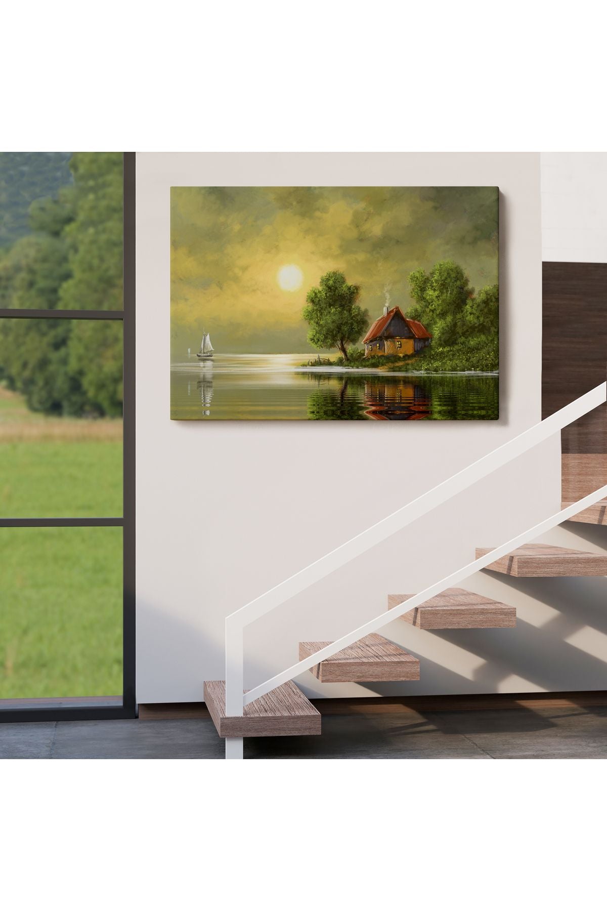 Göl Kenarındaki Köy Evi Yağlıboya Görünüm Dekoratif Kanvas Duvar Tablosu-3592