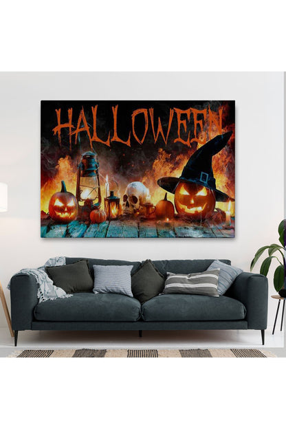 İskelet Kafa ve Oymalı Kabaklar Cadılar Bayramı Dekoratif Duvar Tablosu-5198