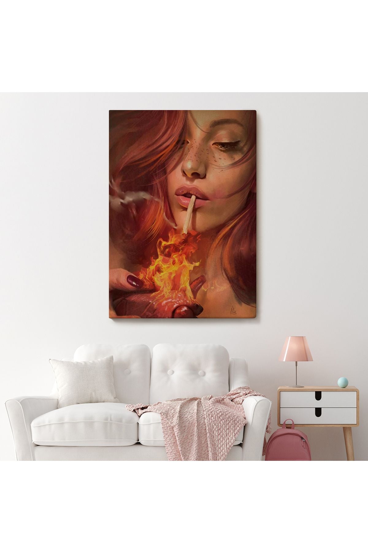 Platonik Aşkın Tavrı Sigarasını Yanan Bir Kalpten Yakan Kadın Kanvas Tablo-5247